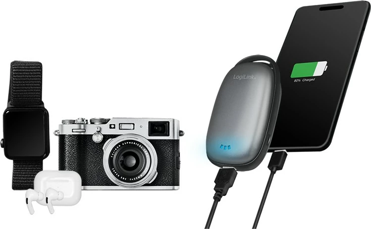 Powerbank LogiLink 4000 mAh, 1x USB-A, Handwärmer, metallik gri