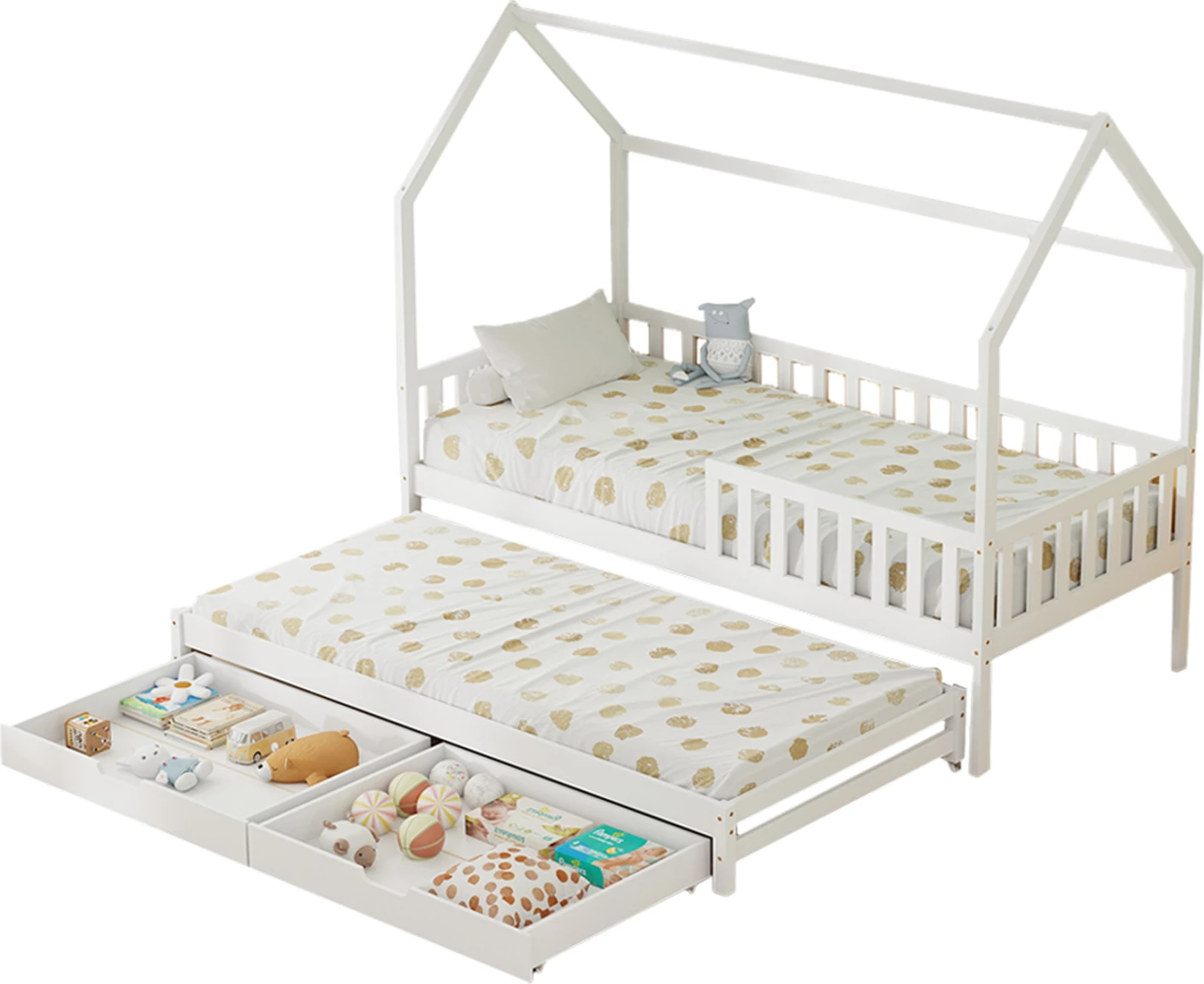 Krevat fëmijësh me krevat tërheqës dhe sirtarë, PHYLLIS FH723.03, dru pishe, ngjyrë e bardhë, 206x97x166cm