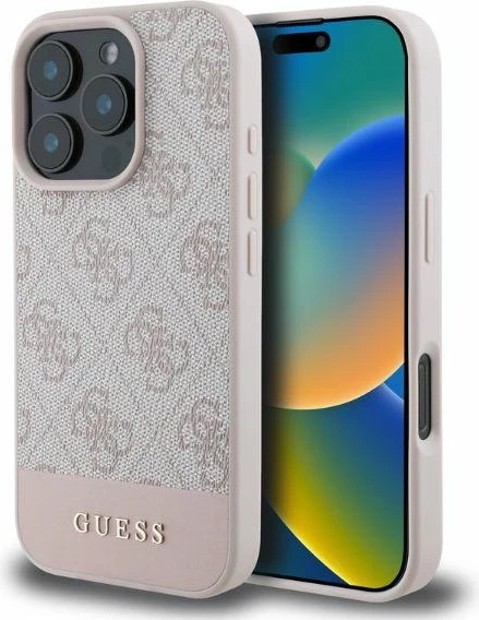 Mbështjellës Guess 4G Bottom Stripe për iPhone 16 Pro 6.3", hardcase TPU/PC me eko-lëkurë, rozë