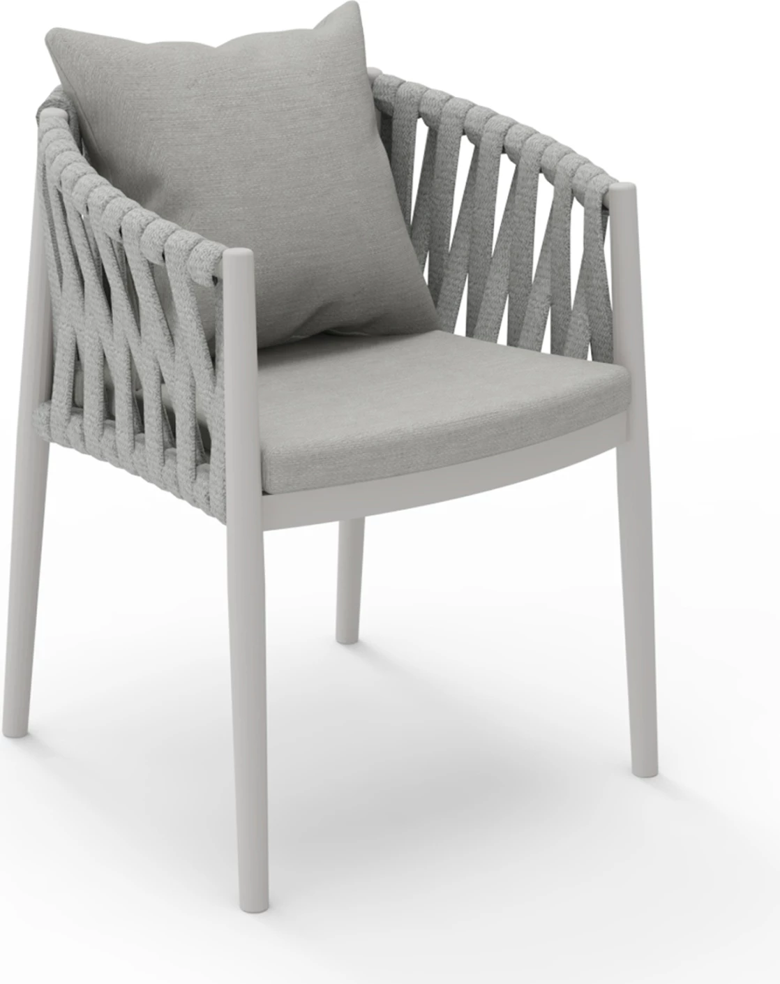 Karrige me krahë për tavolinë, alumini krem e bardhë, litar poliestër bezhë, material Olefin, 59x60x76cm