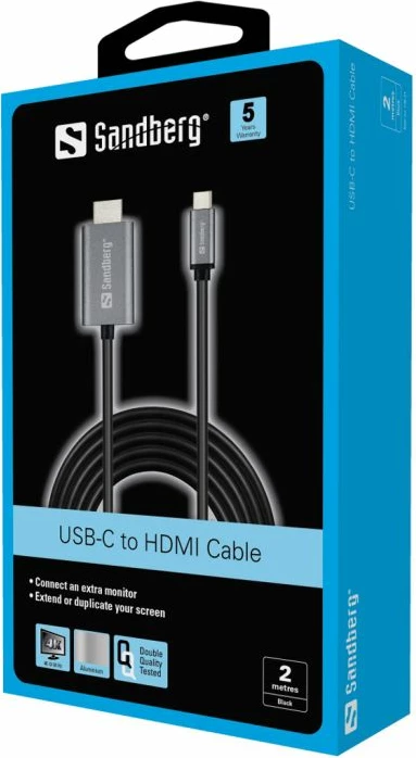 kabllo USB-C në HDMI Sandberg 136-21, 2 m, 4K@60Hz, HDCP 2.2, housing alumini, e zezë