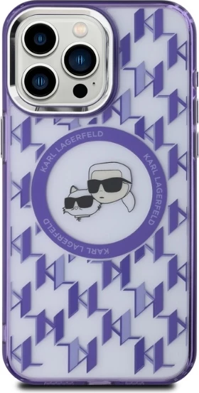 Mbështjellës Karl Lagerfeld IML Monogram Karl & Choupette Head MagSafe për iPhone 15 Pro, vjollcë