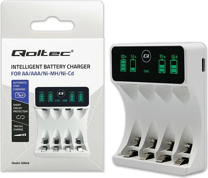 Karikues baterish Qoltec 50848 Ni-MH/NI-Cd AA/AAA me LCD 4 vende USB-C kabllo, i bardhë