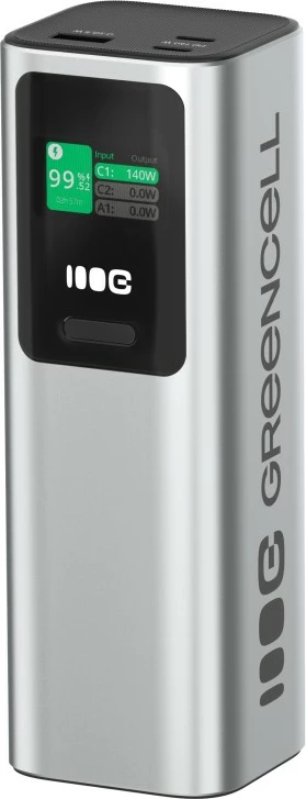 Powerbank, Green Cell, PowerPlay Ultra PBGC25UD, 25200mAh 140W PD, USB-C/USB-A, ekran LCD, argjendtë/zezë, me futrollë dhe kabllo C-C 140W