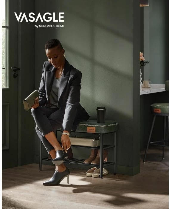 Bankë këpucësh VASAGLE EKHO LSB054CH01, lëkurë artificiale, mbajtje deri 135 kg, 30 x 80 x 50 cm, jeshile pylli