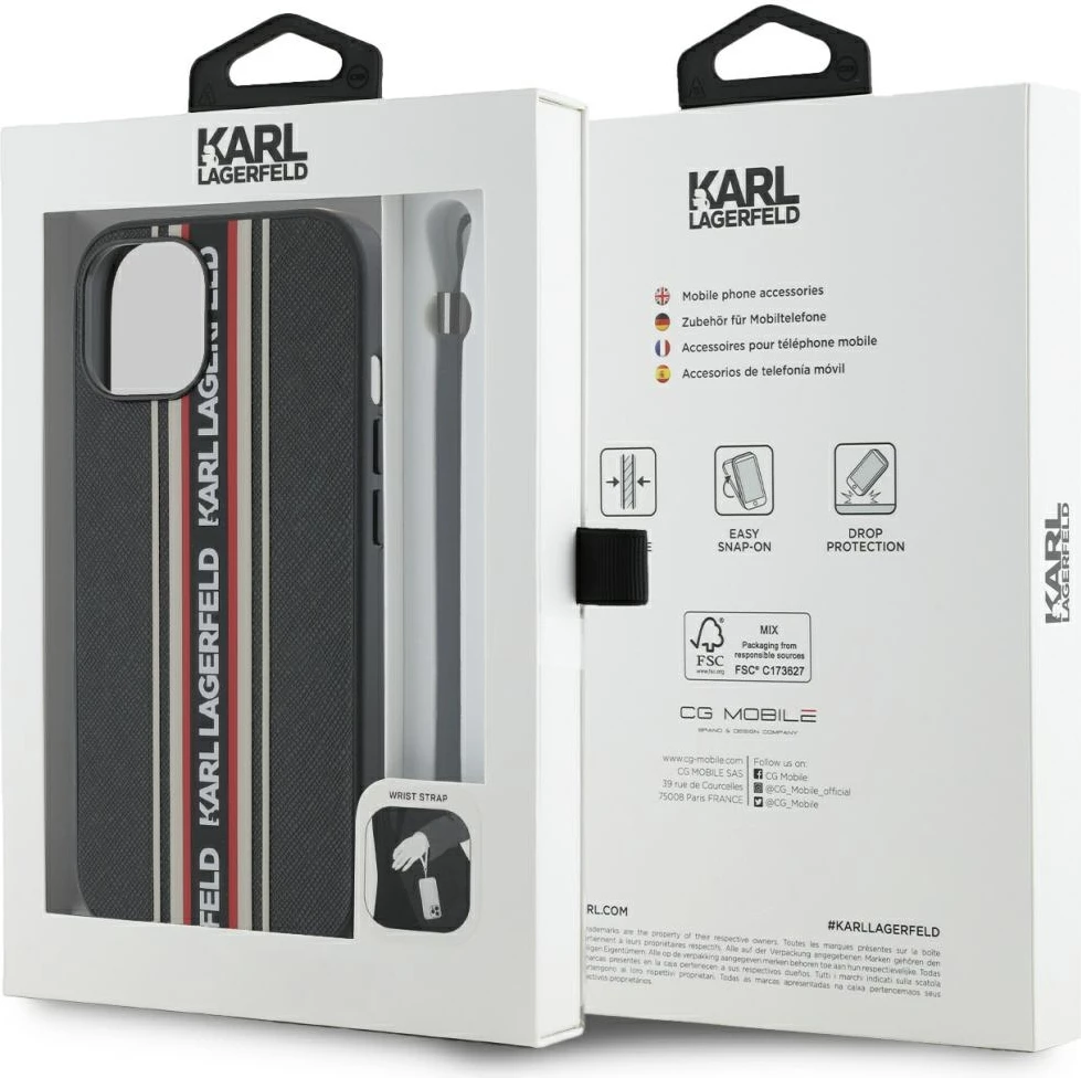 Mbështjellës Karl Lagerfeld Saffiano Athleisure Stripes Cord për iPhone 15, Kuq