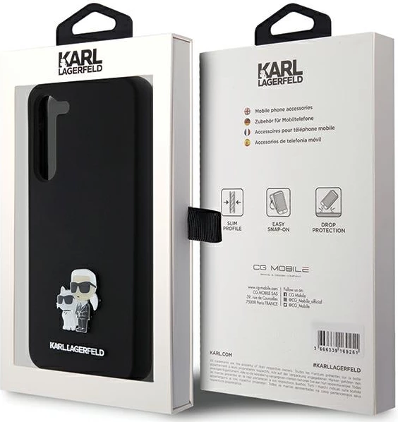 Mbështjellës Karl Lagerfeld Silicone Karl & Choupette Metal Pin për Samsung Galaxy S23+, i zi