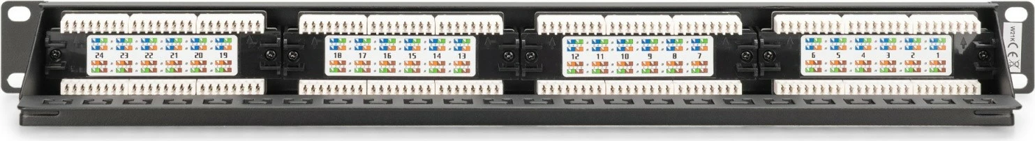 Patch Panel, Digitus DN-91624U-CR, 19" 1U, 24x RJ45 CAT 6 UTP, LSA vertikal me udhëzues kabllosh dhe fusha etiketime, e zezë