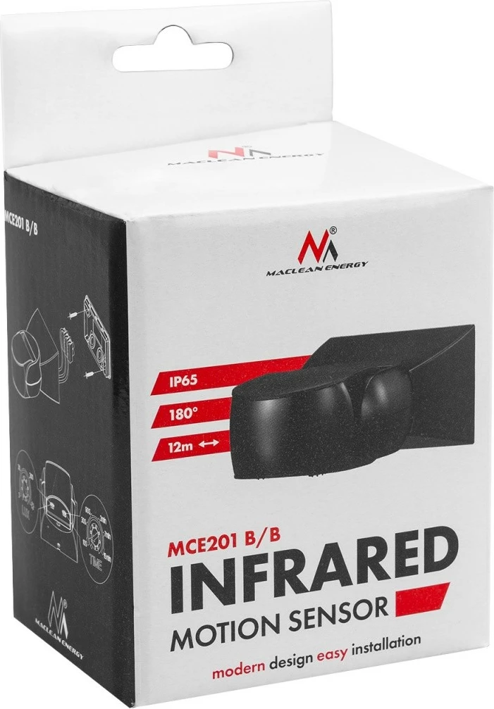 Sensor lëvizjeje PIR, Maclean, MCE201 B/B, 12 m 180° IP65 220-240V AC, e zezë