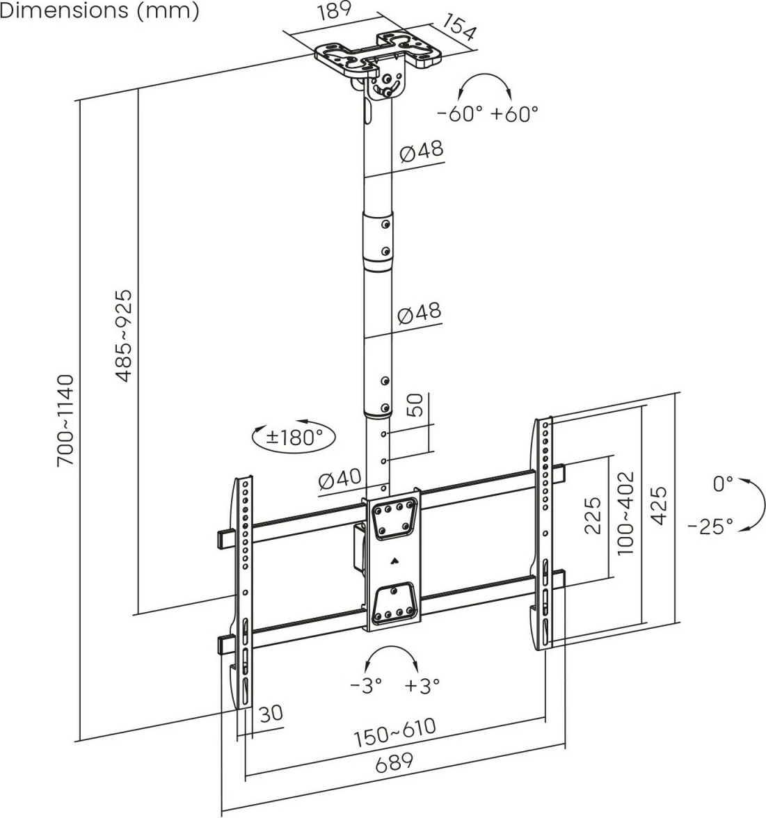 Mbajtës tavani për TV Maclean MC-112B, deri 60kg, VESA 600x400, i zi