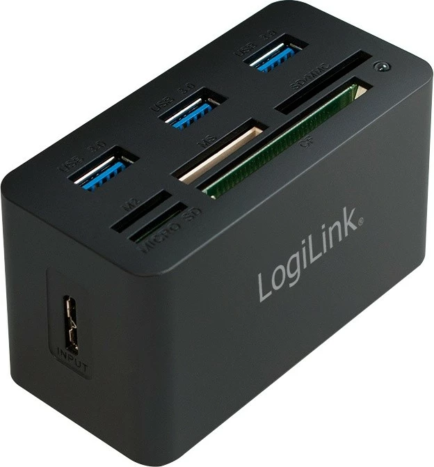 Kasë USB Hub LogiLink CR0042 me 3 porta USB 3.0 dhe lexues kartelash, e zezë