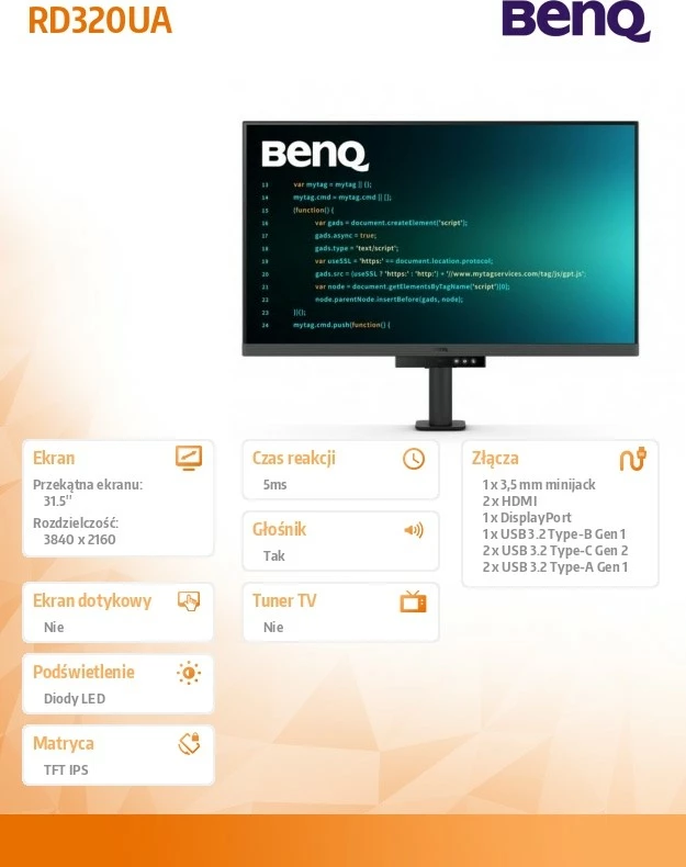 Monitor BenQ RD320UA, 31.5 inç, 4K, IPS, 5ms, 60Hz, i zi/gri