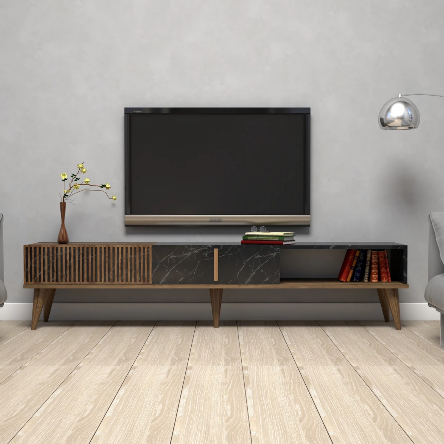 Mbajtës TV, FH9512.02, melaminë, ngjyrë arre dhe mermer i zi, 180x35x40Hcm