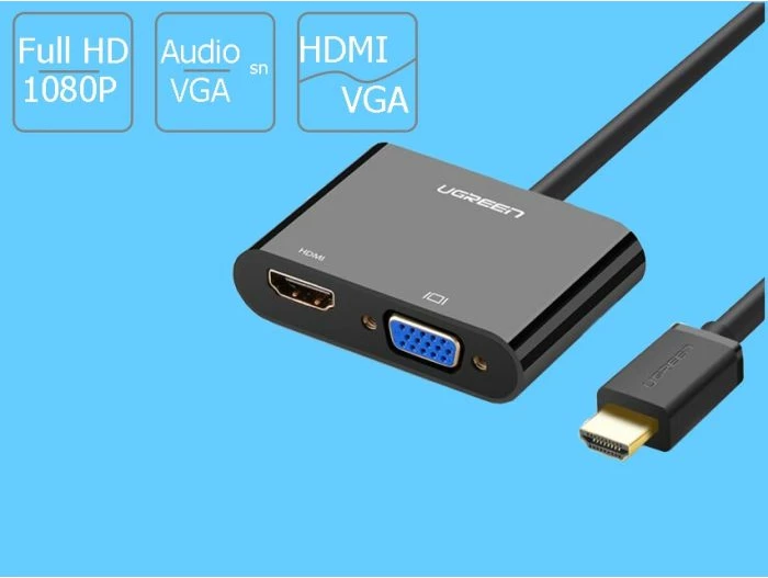 Adapter HDMI në VGA+HDMI UGREEN 40744, 4K/30Hz, audio 3.5mm, Micro USB 5V, kabllo 30cm, i zi, në kuti