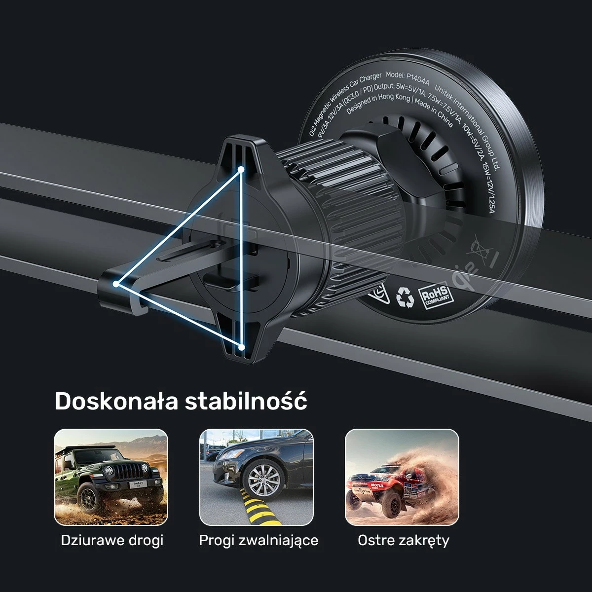 Mbajtës veture Unitek 38W Qi2, karikues wireless, USB Type C, i zi