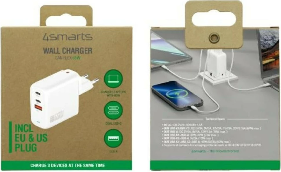 Karikues murale GaN, 4smarts KAT07314, 65W, 2x USB-C + 1x USB-A, i bardhë