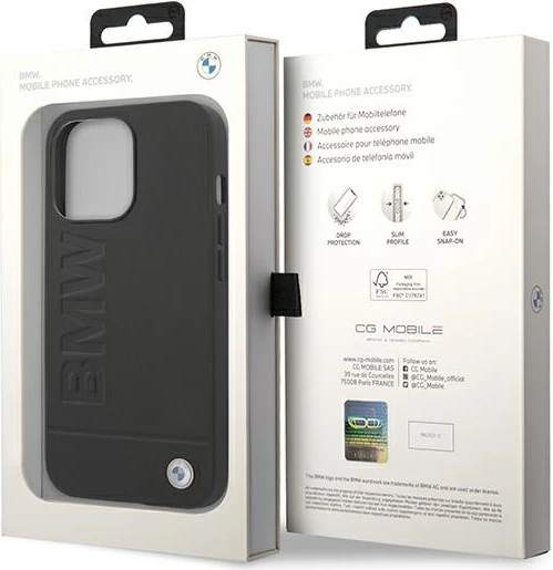 Mbështjellës BMW Leather Stamp për iPhone 14 Pro Max 6.7", lëkurë, zi