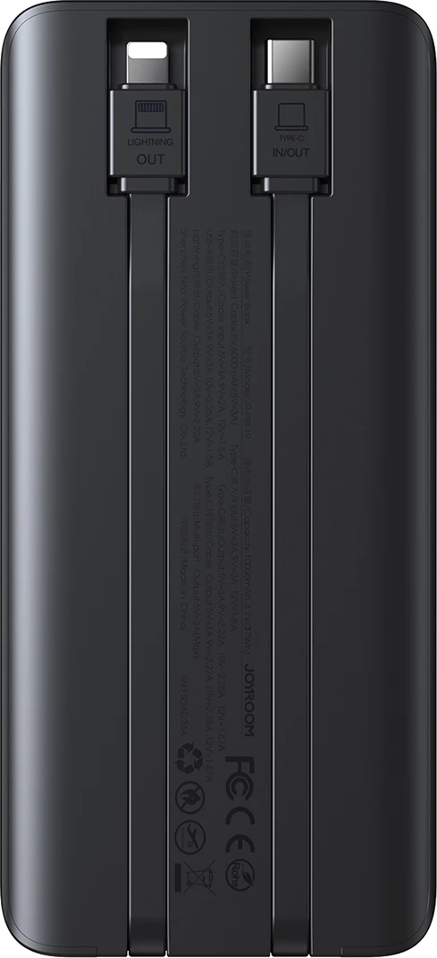 Powerbank Joyroom JR-PBF19 10000mAh 22.5W me dy kabllo të integruara USB-C dhe Lightning, e zezë