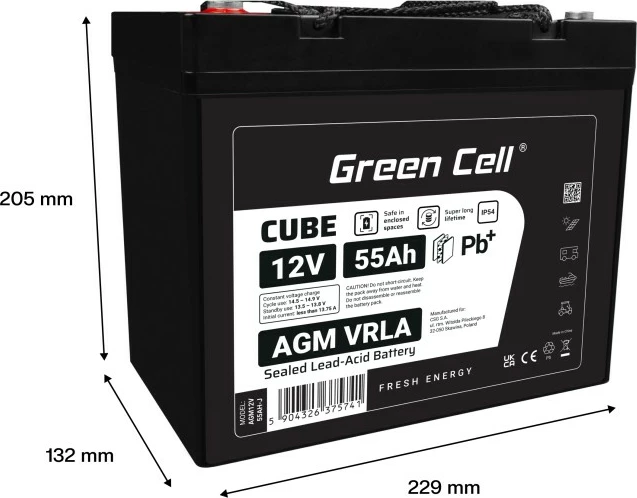 Bateri AGM VRLA, Green Cell, AGM12V55AH-J, 12V 55Ah, IP54, e zezë