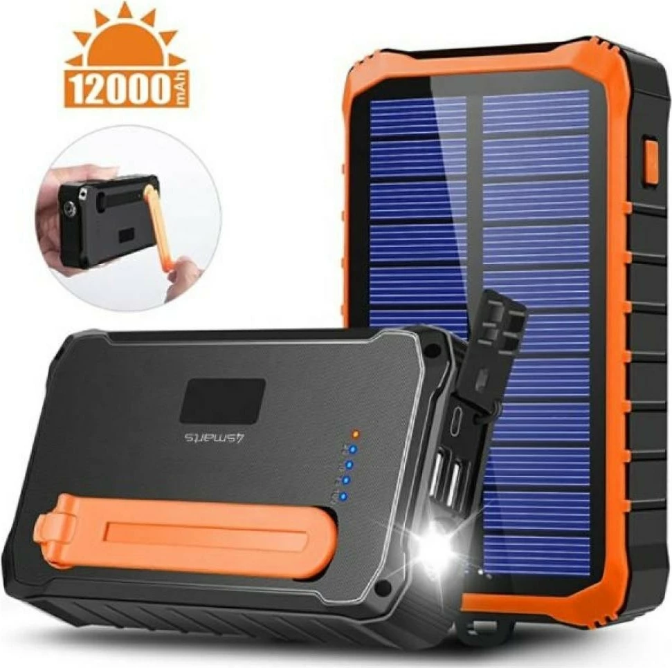 Powerbank solar me manivelë 4smarts Proper Solar KAT07306 12000 mAh 2x USB-A hyrje USB-C gri/portokalli