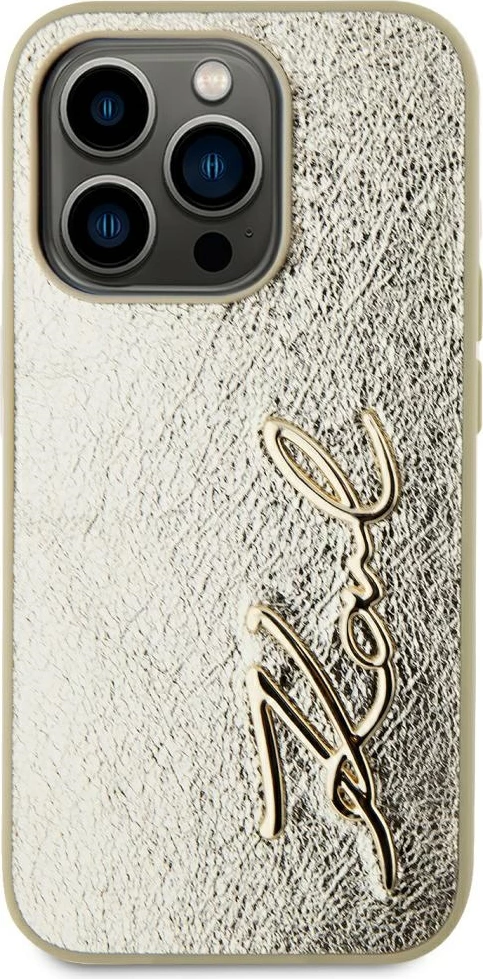 Mbështjellës Karl Lagerfeld Wrinkled Metal Signature për iPhone 15 Pro, Gold