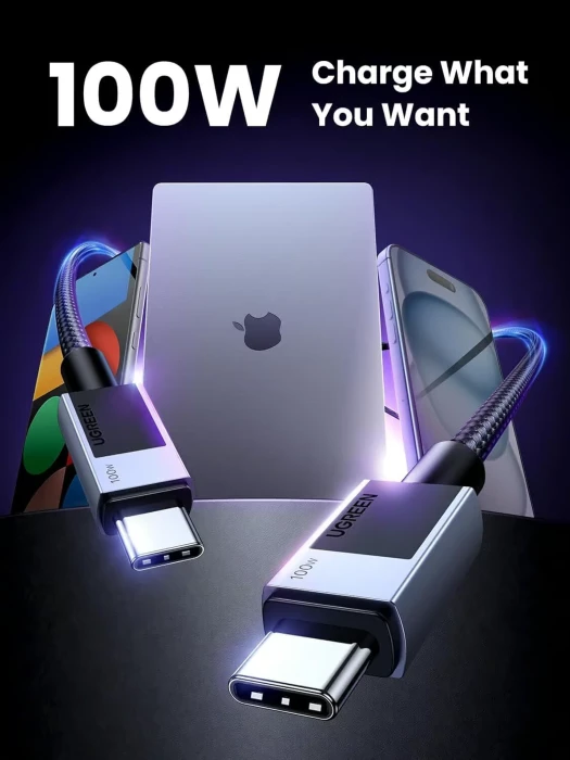 kabllo karikimi USB-C në USB-C UGREEN 45065 PD 3.0 100W 3m me thurje najloni, e zezë