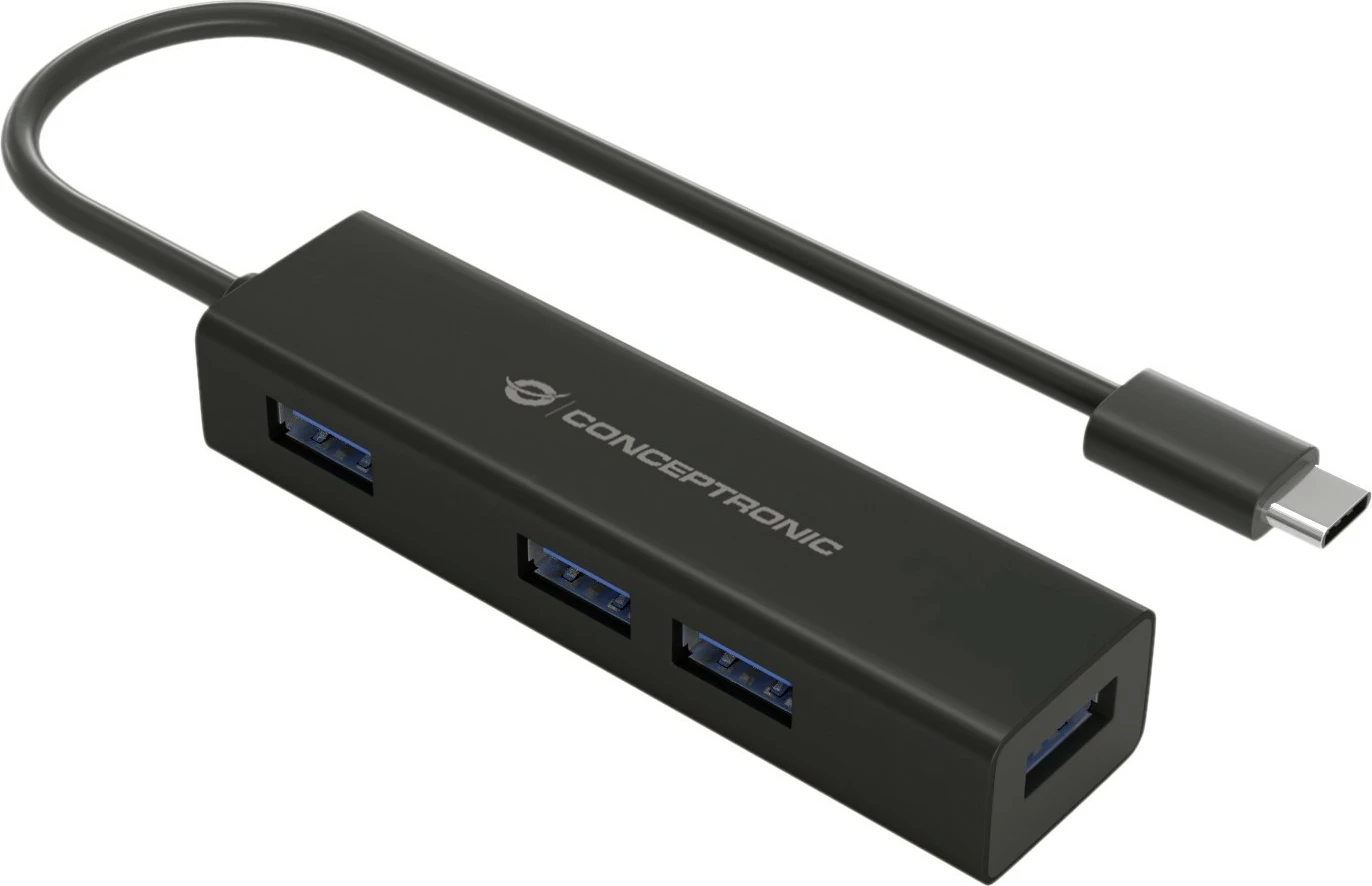 USB hub Conceptronic 4 porte, USB-C në 4x USB 3.0, i zi