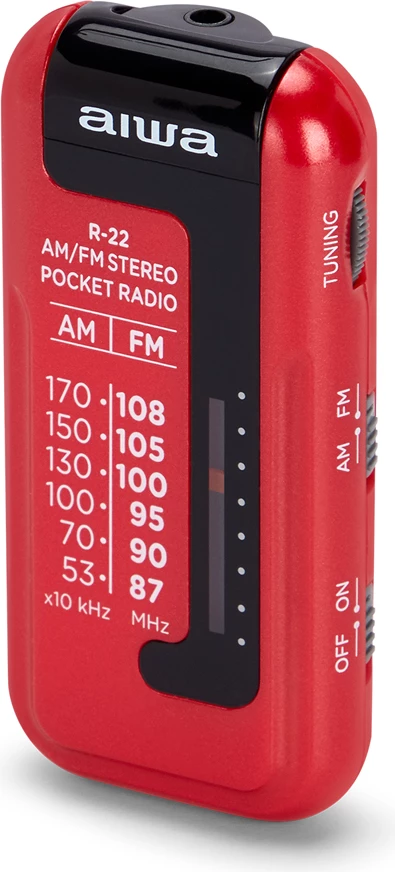 Radio xhepi AM/FM, Aiwa R-22, HyperBASS, tunim analog ETS, me kufje in-ear, e kuqe, set me bateri AAA