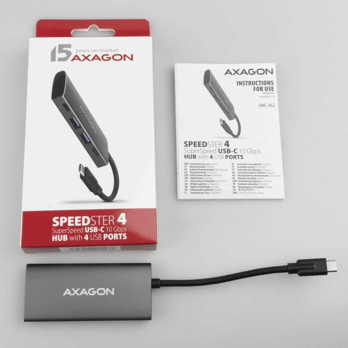 Hub USB AXAGON HMC-4G2, 4 porta (2x USB-A, 2x USB-C), USB 3.2 Gen 2, kabllo USB-C 13cm, zi/gri