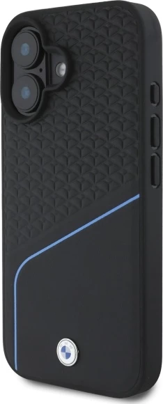 Mbështjellës BMW Sign Leather Textured And Line MagSafe për iPhone 16, Lëkurë, Zi