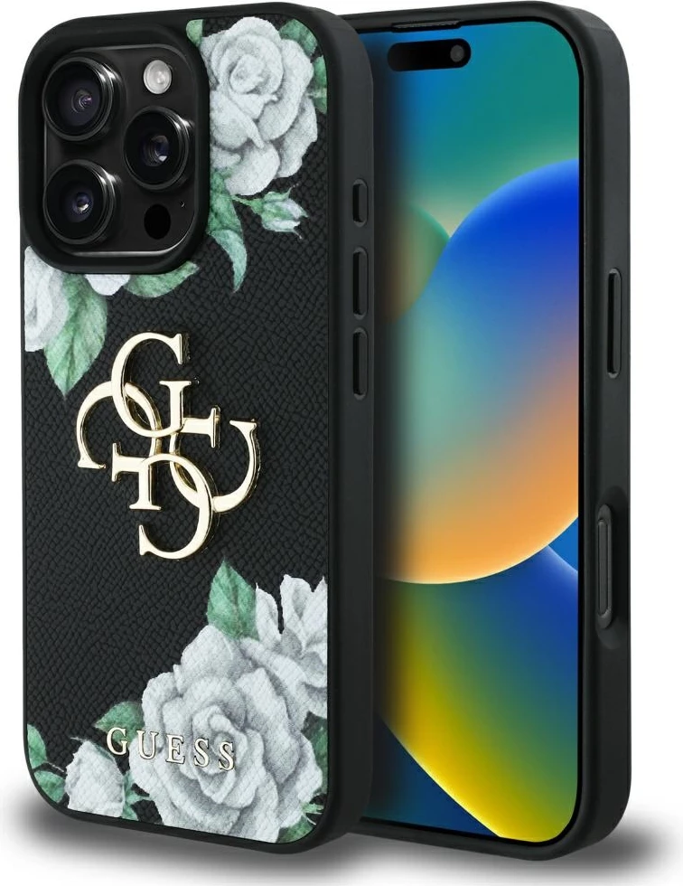 Mbështjellës Guess Grained Roses Big 4G logo për iPhone 16 Pro, i zi