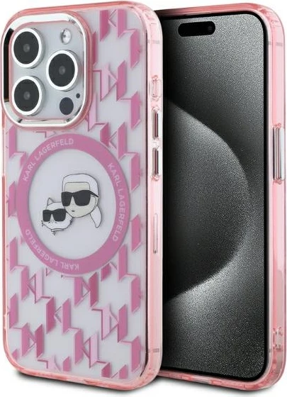 Mbështjellës Karl Lagerfeld IML Monogram Karl & Choupette Head MagSafe për iPhone 15 Pro, Rozë