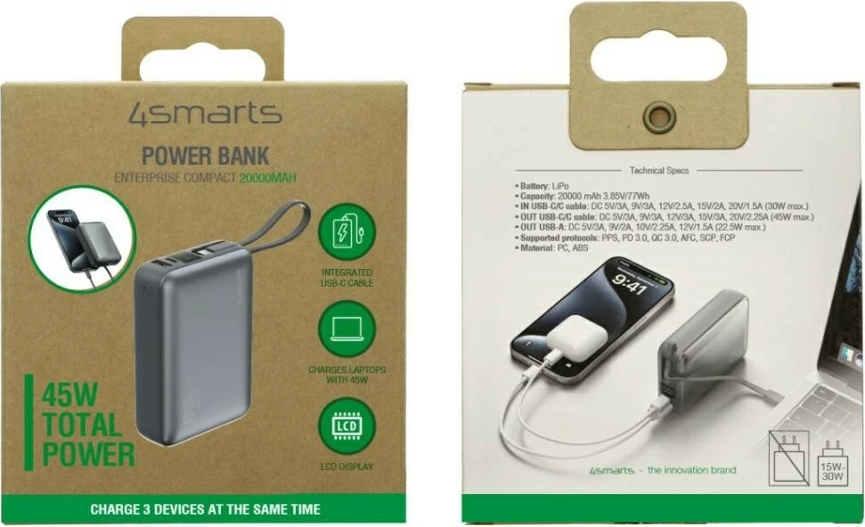 Bateri e jashtme 4smarts Enterprise Compact (KAT07396) 20000mAh 45W, 2x USB-C + USB-A, kabllo USB-C e integrume, display LCD, gri