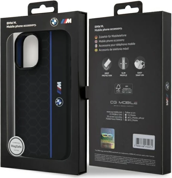 Mbështjellës BMW Silicone Hexagon Blue Line MagSafe për iPhone 16, Zi