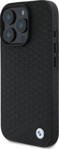 Mbështjellës BMW Sign Leather Diamond Metal Logo MagSafe për iPhone 16 Pro, i zi