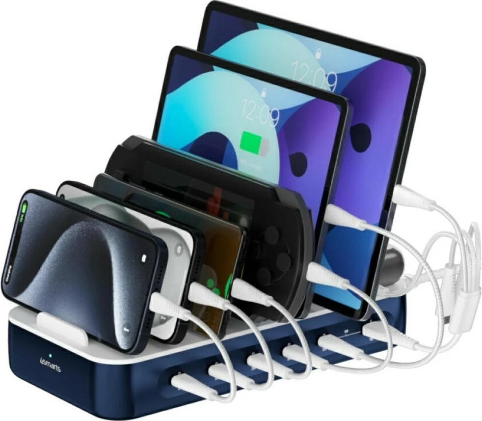 Stacion karikimi 4smarts 4SM000033 100W me 6 kabllo 5xUSB-C + 1x 4-në-1, deri 9 pajisje, blu navy set
