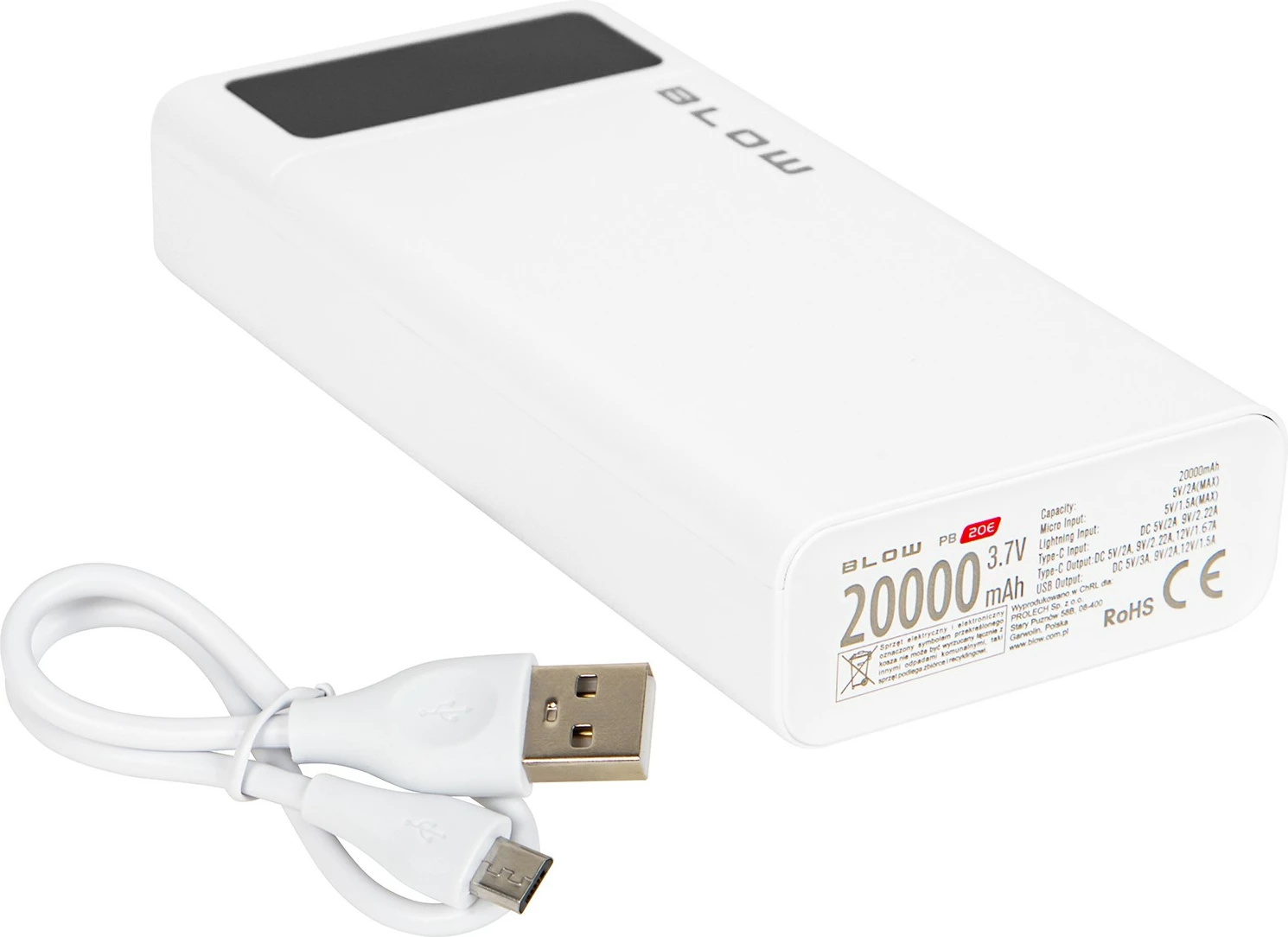 Powerbank BLOW PB20E 20000mAh QC 3.0 + PD 22.5W, ekran LED, Lightning, e bardhë