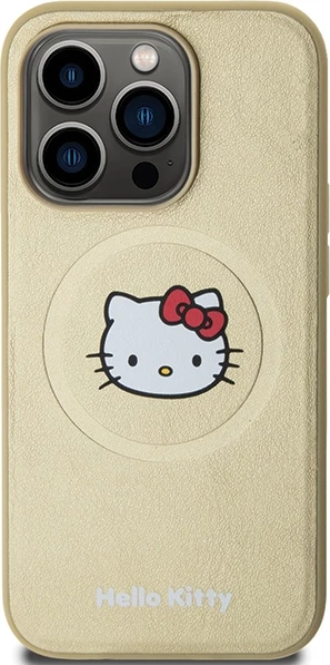 Mbështjellës Hello Kitty Leather Kitty Head MagSafe për iPhone 15 Pro, lëkurë artificiale, ari