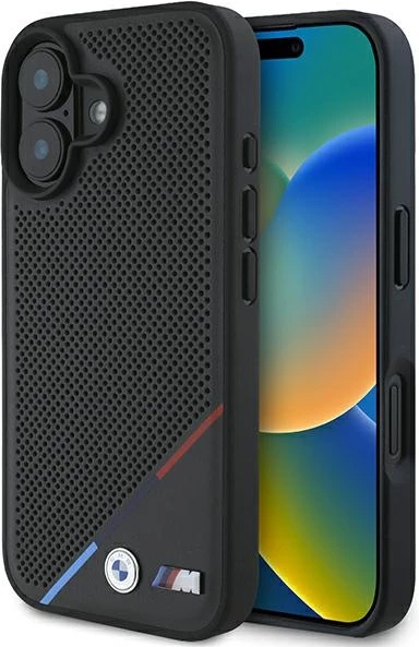 Mbështjellës BMW M Perforated Tricolor Line MagSafe për iPhone 16 Plus, Zi