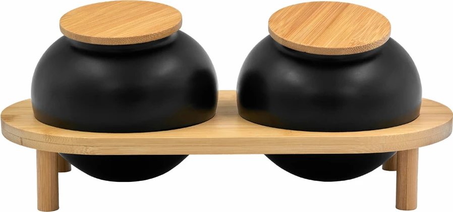 Set kavanozash për ruajtje, 2 copë, porcelan i zi, kapak bambuje, 33x16x13cm