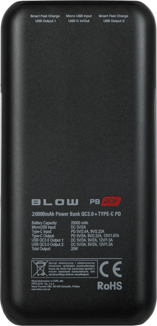 Power bank BLOW PB20F 20000mAh PD 20W, 4 porta, e zezë
