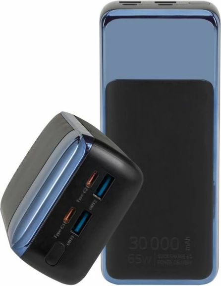 Powerbank RIVACASE VA1080 30000mAh 65W PD/QC3.0 me LCD, blu e zezë