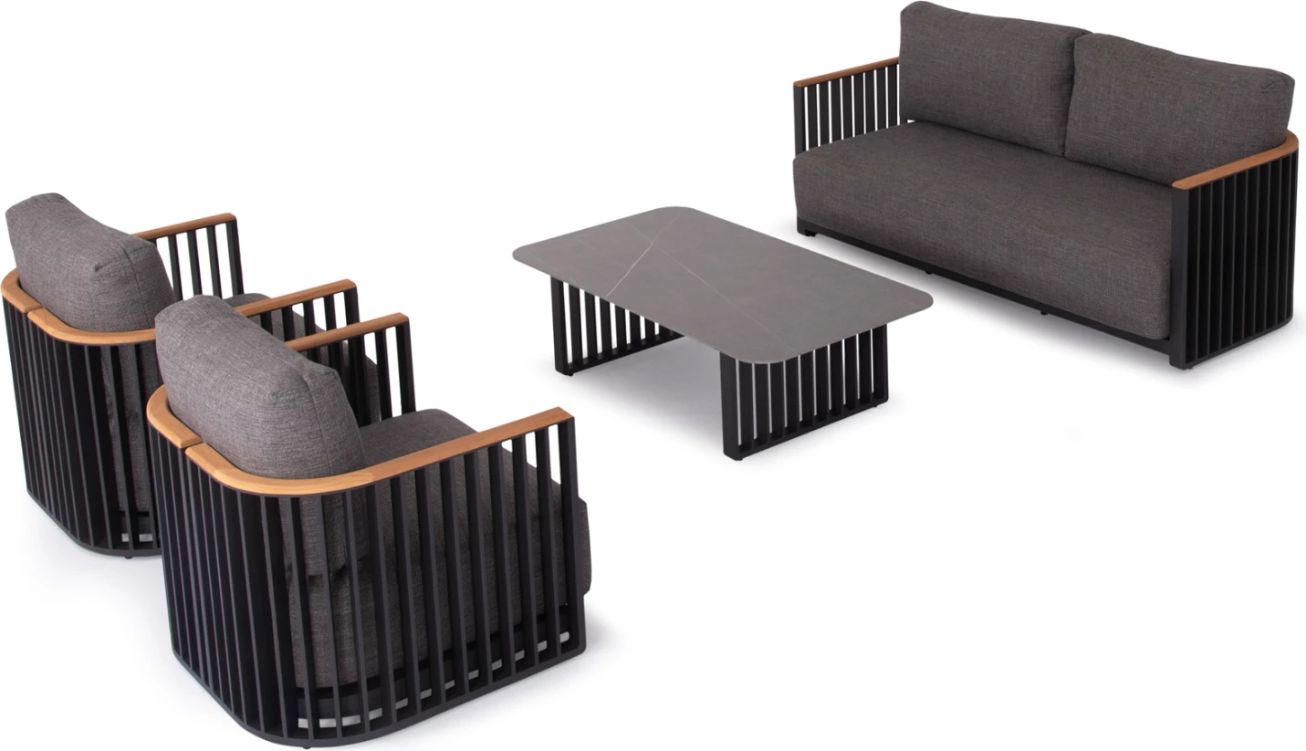 Set lounge për jashtë, 4 pjesë, seria Eternity, alumin anthracite, sipërfaqe guri sinterizuar, ngjyrë gri e errët