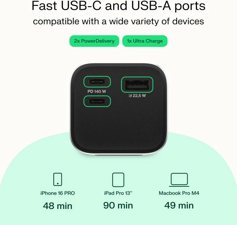 Powerbank, Green Cell, PowerPlay Ultra PBGC25UD, 25200mAh 140W PD, USB-C/USB-A, ekran LCD, argjendtë/zezë, me futrollë dhe kabllo C-C 140W