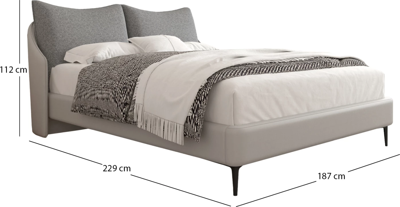 Krevat dopio Brittania, material stof & PVC, ngjyrë gri, këmbë metalike të zeza, për dyshek 160x200cm