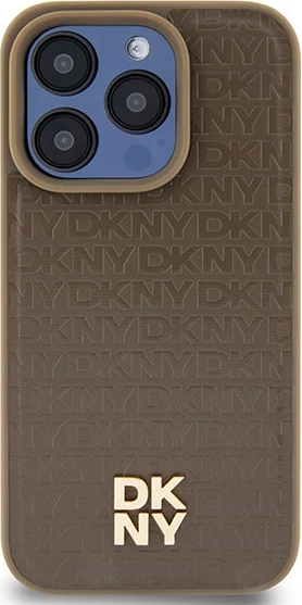Mbështjellës DKNY Leather Monogram Pattern Metal Logo MagSafe për iPhone 15 Pro, Kafe