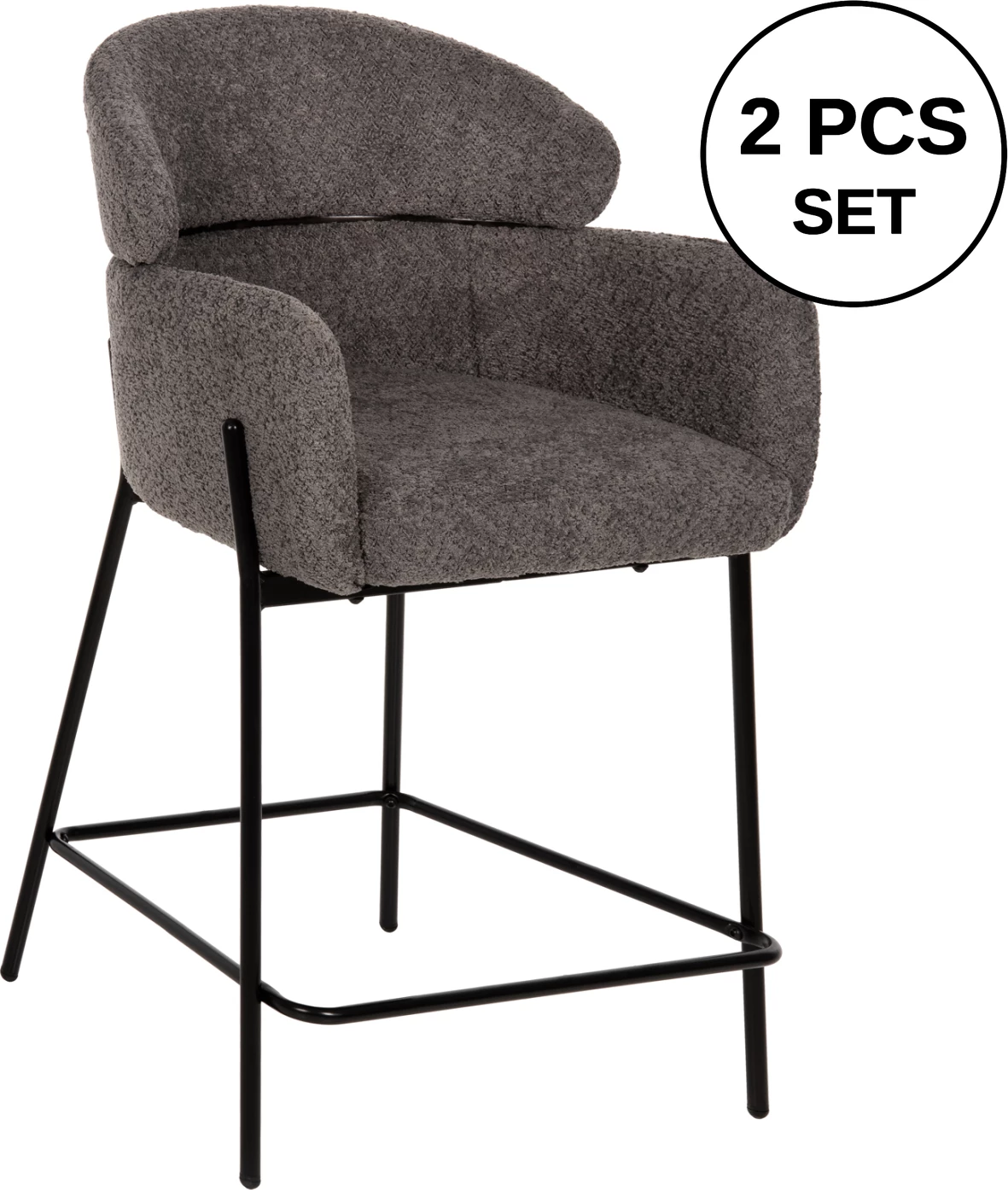 Karrige për bar mesatare WOLF FH8584.01, pëlhurë boucle gri, këmbë metalike të zeza, 56x56x96H cm., set prej 2 copë