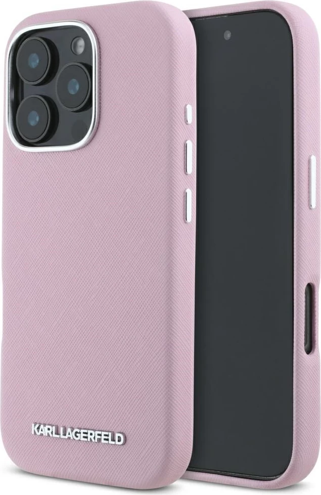 Mbështjellës Karl Lagerfeld Saffiano Full Wrapped Elongated Metal Logo MagSafe për iPhone 16 Pro Max, Rozë