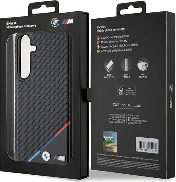 Mbështjellës BMW BMHMS24S23PUDTK Carbon Tricolor Line MagSafe për Samsung Galaxy S24, i zi