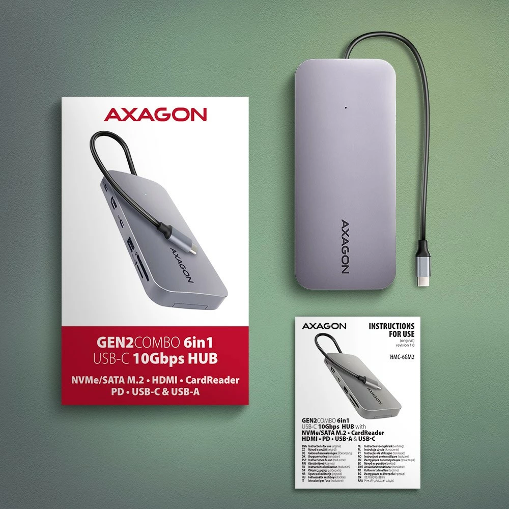Multiport hub AXAGON HMC-6GM2, 6-në-1, USB-C 10Gbps, HDMI 4K/60Hz, M.2 NVMe/SATA, SD/microSD, PD 100W, Gri